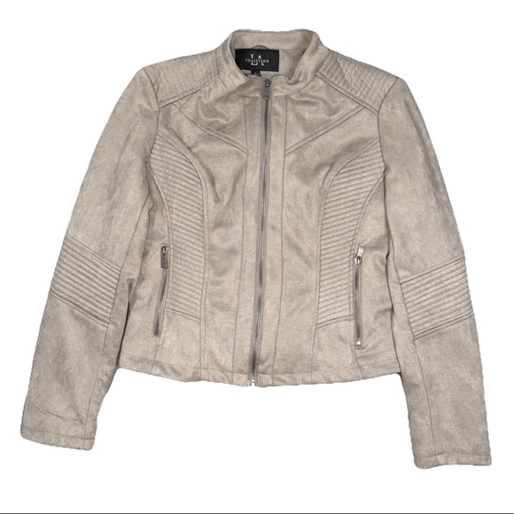 LA Coalition Womens Full Zip Vegan Faux Suede Moto Taupe Beige Jacket Large - Picture 2 of 14